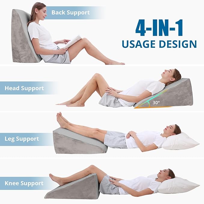 Sasttie Wedge Pillow for Sleep Apnea, 12 Inch Memory Foam Bed Wedge Pillow for Acid Reflux Relief, 30 Degree Triangle Incline Pillow Wedge for Sleeping with Removable Cover, Solid Warm Gray