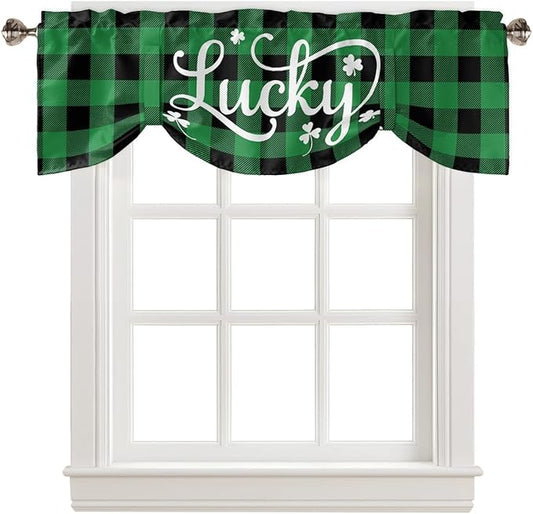 St. Patrick's Day Buffalo Plaid Blackout Tie Up Valance Curtains for Kitchen Windows Lucky Shamrocks Clover Window Toppers Balloon Shades for Living Room/Bathroom/Bedroom,1 Panel, 60" X 18",Green