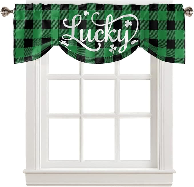 St. Patrick's Day Buffalo Plaid Blackout Tie Up Valance Curtains for Kitchen Windows Lucky Shamrocks Clover Window Toppers Balloon Shades for Living Room/Bathroom/Bedroom,1 Panel, 42" X 12",Green