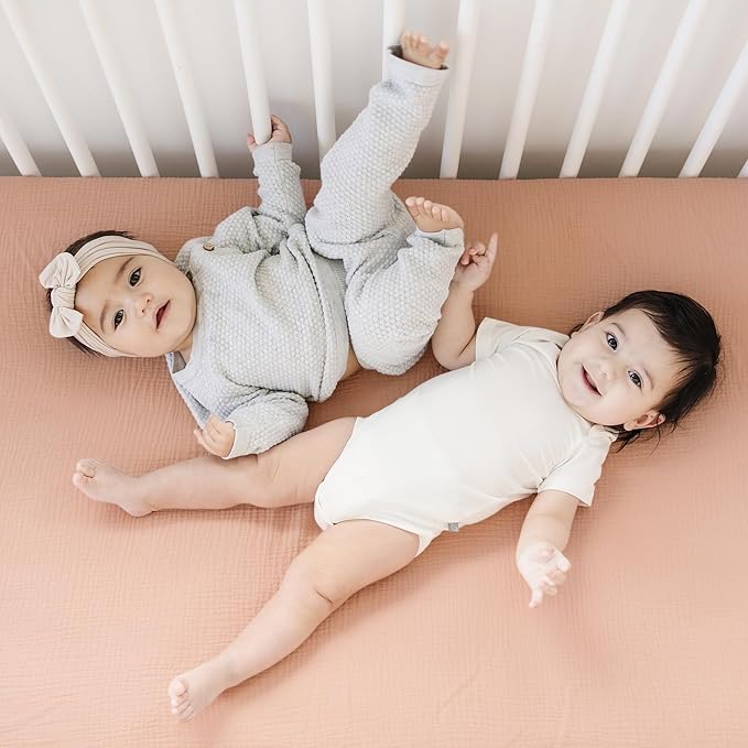 Konssy Muslin Fitted Crib Sheets 100% Cotton Baby Crib Sheets for Standard Crib Mattress (28 X 52 Inches), Soft and Breathable for Boy Girl(Peach)