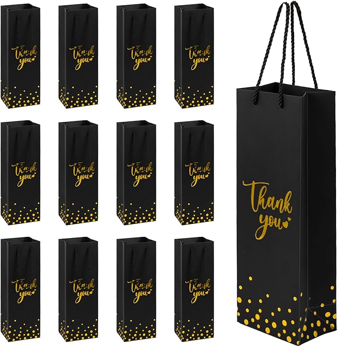 Ssyuysto 12 Pcs Wine Gift Bags for Wine Bottles Elegant Thank You Wine Gift Bags with Metallic Gold Foil Print Kraft Wine Gift Bags with Attractive Rope Handles for Wedding Bottle (Black)