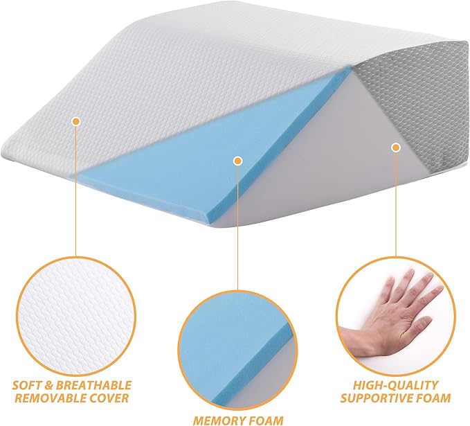 Leg Elevation Pillows, Leg Pillows for Sleeping, Cooling Gel Memory Foam Top, Wedge Pillow for Legs, Leg Wedges for Circulation, Swelling, After Surgery - Removable Cover (10 Inch, White/Grey)