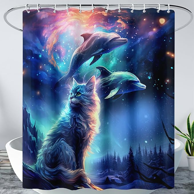 AILONEN 3D Kawaii Cat Shower Curtain Set,Cat Lovers Animal Waterproof Fabric Bath Curtain for Kids Girls,Jumping Dolphin Shower Curtain,Starry Night Shower Curtains for Bathroom Decor, 72" W*96" H