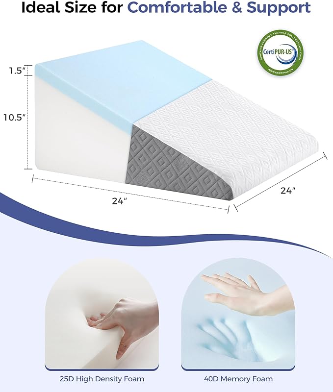 Wedge Pillow for Sleeping, 12"Bed Wedge Pillow for Acid Reflux Relief,Snoring,Back Pain Relief,Leg elevation,Post Surgery,GEL Infused Memory Foam Top Triangle Pillow Wedge with Breathable Cover