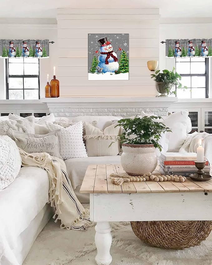 Christmas Snowman Kitchen Curtains Valances for Windows Winter Holidays Cardinal White Snowflake Rod Pocket Window Treatment for Kitchen /Living Room/Bedroom/ Bathroom,60" X 18" -1 Panel, Gray