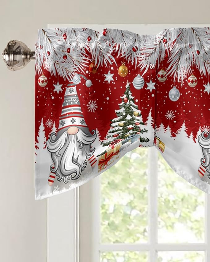 Christmas Gnome Blackout Tie Up Valance Curtains for Kitchen Windows Winter Merry Christmas Tree Balls Window Toppers Balloon Shades for Living Room/Bathroom/Bedroom,1 Panel, 42" X 12", Red