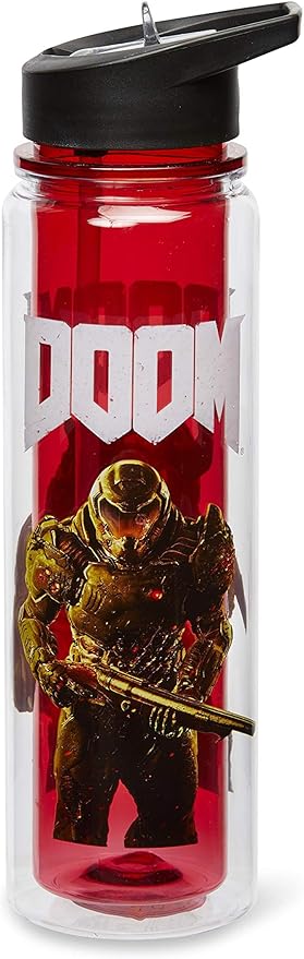 JUST FUNKY Official DOOM Cyberdemon Double Wall Plastic Water Bottle - 16-Ounce Container with Lid for Water, Tea, Coffee - Insulated Drinking Cup for Travel, Hiking Running - Licensed Merchandise
