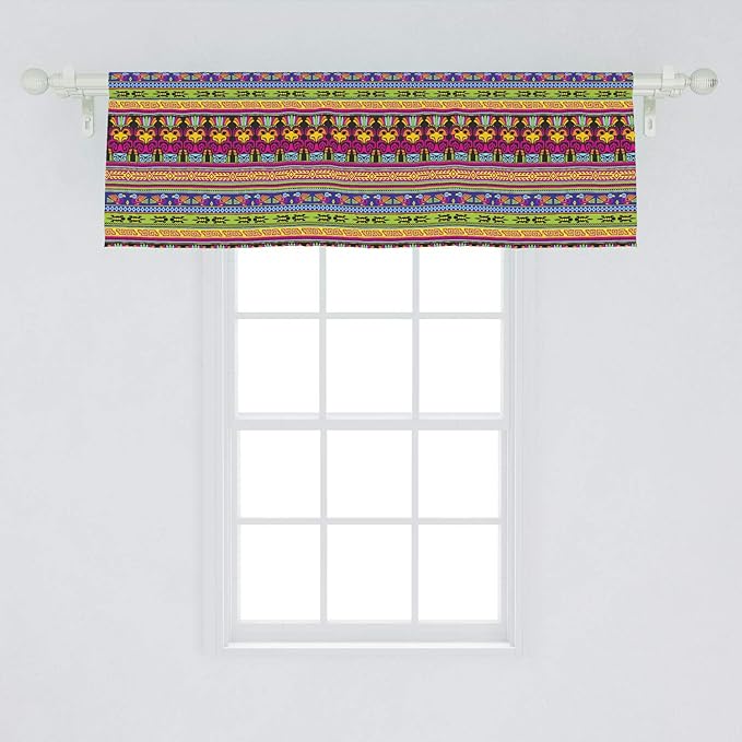 Ambesonne Prehistoric Window Valance, Aztec Culture Pattern Borders Ornate Tribal Animal Print, Curtain Valance for Kitchen Bedroom Decor with Rod Pocket, 54" X 18", Green Fuschia