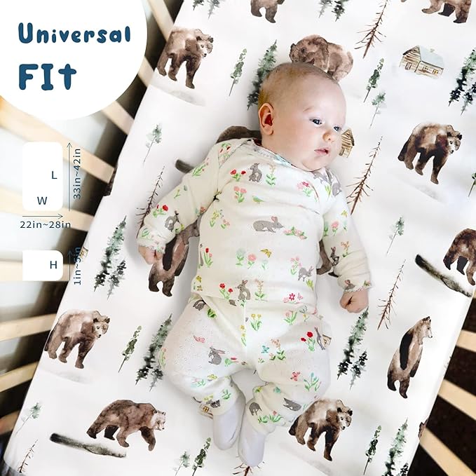 GRSSDER Stretchy Ultra Soft Jersey Knit Fitted Pack n Play Sheets Set 2 Pack, Neutral Portable/Mini Cribs Sheets, Fit Playpen Mattress Pads Safe and Snug, Jungle Bear/Rainbow for Baby