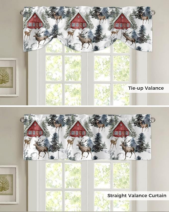 Christmas Blackout Tie Up Valance Curtains for Kitchen Windows Red Farmhouse Barn Window Toppers Balloon Shades for Living Room/Bathroom/Bedroom,1 Panel,54" X 18" Elk