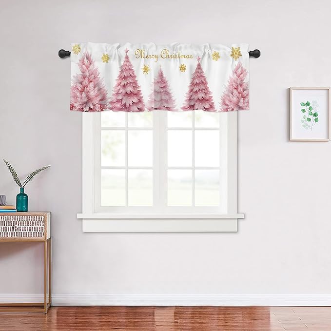 Pink Xmas Tree Window Valance for Bedroom Living Room, Gold Snowflake Christmas Window Curtain for Kitchen Bathroom, Pink Christmas Window Valance Rod Pocket Window Treatment, 54" W x 18" L