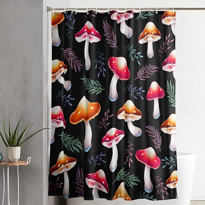 AILONEN Cartoon Mushroom Shower Curtain,Cute Red Mushroom Waterproof Fabric Bath Curtain for Kids Girls Boys,Natural Fungal Plants Shower Curtain Set for Bathroom 72" W*96" H