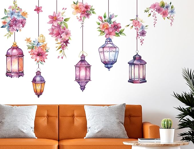 Hanging Flower Vine Wall Stickers Floral and Lamp Peel and Stick Wall Art Decals Flower Vine Wall Decor for Living Room Bedroom TV Background Spring Party Decoration