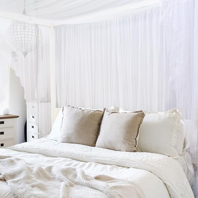 South to East White Canopy Bed Curtains, 4 Corner Post Bed Canopy, Top Elegant Bed Drapes for Bedroom Decor, 75D Polyester Mesh, Easy Install, Bed Curtain for King/Queen/Full Size