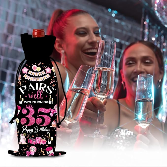 35th Birthday Gifts for Women Men Wine Bags, 35 Year Old Birthday Gifts for Women Men, Happy 35th Birthday Party Decorations for Women Men, Pairs Well with Turning 35 Wine Bags (Black Pink)