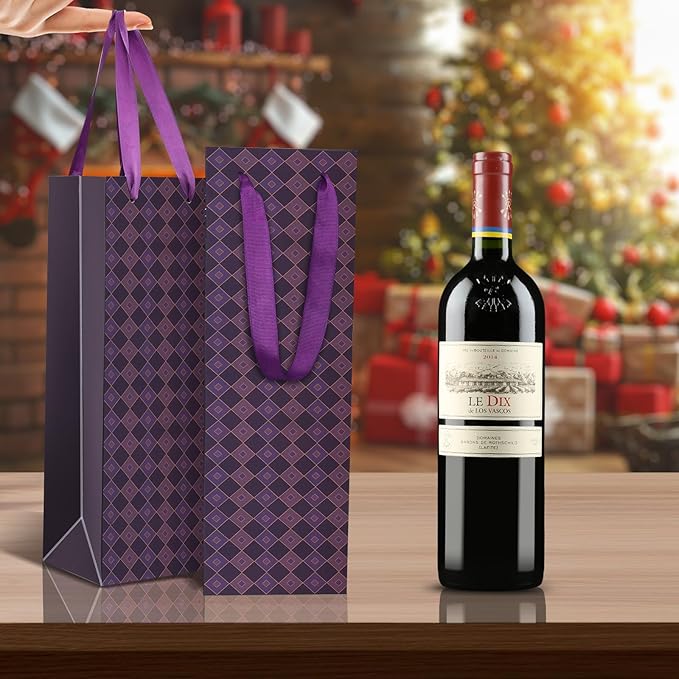 Wine Bags, 6 Packs, Strong Card Paper Wine Gift Bag with Ribbon Handles and Thank You Card, 4-3/8x 4 x 14 Fit 750ml Wine Bottle or Champagnes - Purple 6