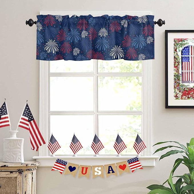 July 4th Kitchen Curtains Valances for Windows Fireworks Celebrate Patriotic Americana Stars Rod Pocket Window Treatment for Kitchen/Living Room/Bedroom/Bathroom, 54" X 18", Red, White and Blue