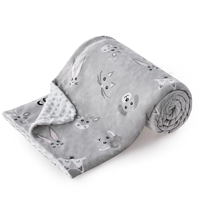 DaysU Silky Micro Soft Plush Baby Blankets Unisex with Print Animal Pattern and Soothing Raised Dots, Double Layer Bed Throws for Baby Crib, Animal Faces, Grey, 30x40 Inches