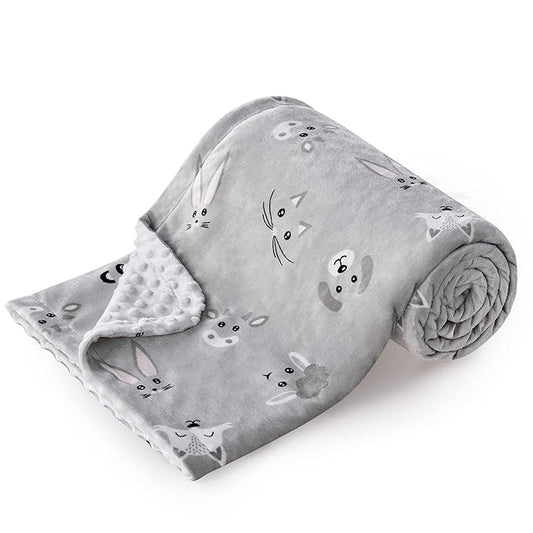 DaysU Silky Micro Soft Plush Baby Blankets Unisex with Print Animal Pattern and Soothing Raised Dots, Double Layer Bed Throws for Toddler Cot, Animal Faces, Grey, 50x60 Inches