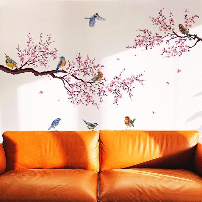 Watercolor Flower Wall Decals Peel and Stick Birds Vinyl Wall Stickers Colorful Wall Sticker Hummingbird on The Tree Branch Flower Decals Garden Living Room Bedroom TV Wall Decorations