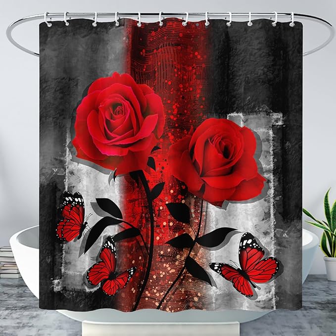 AILONEN Red Rose Shower Curtain for Bathroom, Romantic Rose Flower Bath Curtain,Grey Abstract Waterproof Floral Butterfly Print Shower Curtain Decoration with 12 Plastic Hooks, 60" W*72" H