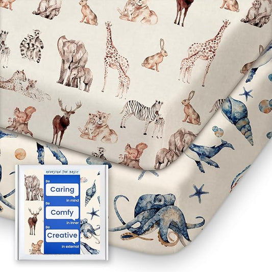 Graco Pack and Play Sheets Fitted, TotBasic Ultra Soft Mini Crib Sheets Boy, Neutral Pack N Play Mattress Sheets Hypoallergenic and Soothing, Premium Jersey Playrad Sheets, Safari Sea Animals, 2 Pack