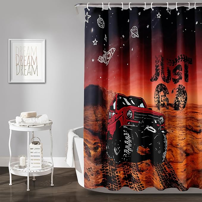 AILONEN Red Truck Shower Curtains,Galaxy Monster Truck Bath Curtains,Monster Jam Polyester Waterproof for Bathroom,72" W*96" H with 12 Plastic Hooks,Red