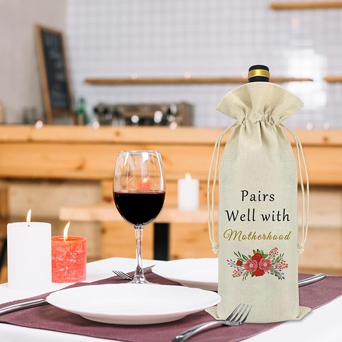 New Mom Gifts Motherhood Wine Bag Pregnancy Gifts for First Time Moms Mothers Day Gift Mom To Be Gift New Mommy Gifts Drawstring Wine Bags Party Decoration Wine Bottle Cover Bag Mom Gifts for New Mom