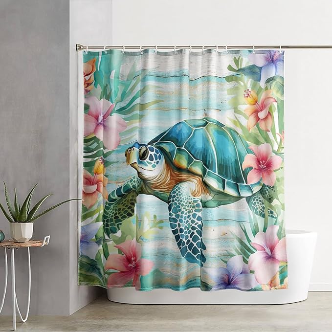AILONEN Cute Sea Turtle Shower Curtain,Cartoon Beautiful Turtle with Flowers Shower Curtain Set for Bathroom,Ocean Animal Waterproof Fabric Shower Curtain with Hooks,72" W*84" H