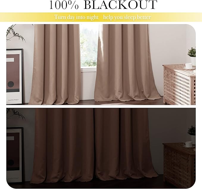 NICETOWN Bedroom Full Blackout Curtain Panels, Super Thick Insulated Window Covers, Keeping Out Cold Air and Heat 100% Blackout Blinds with Same Color Liner (Taupe, Set of 2 PCs, 52 by 54-inch)