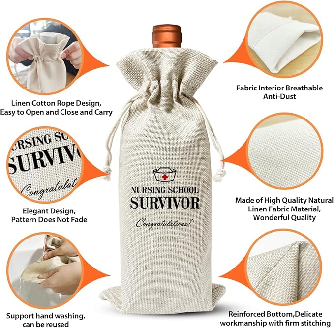 Nurse Graduation Gift Wine Bag For Women Men, Nursing School Survivor, Nursing School Graduation Party Decoration Favors, Funny Nurse Appreciation Gift, Cotton Linen Wine Gift Bag With Drawstring
