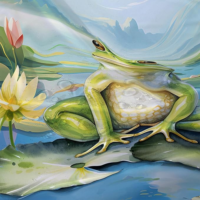AILONEN Cartoon Frog Shower Curtain Set for Bathroom,Kawaii Green Frog Bath Curtain,Amphibian Animal Shower Curtain,Lotus Flower Waterproof Fabric Shower Curtain with Hooks,60" W*72" H