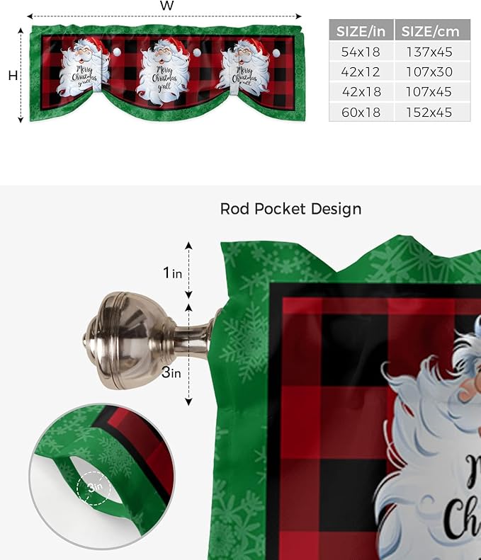 Merry Christmas Y'all Blackout Tie Up Valance Curtains for Kitchen Windows XMAS Santa Claus Window Toppers Balloon Shades for Living Room/Bathroom/Bedroom,1 Panel,60" X 18" Red Buffalo Plaid