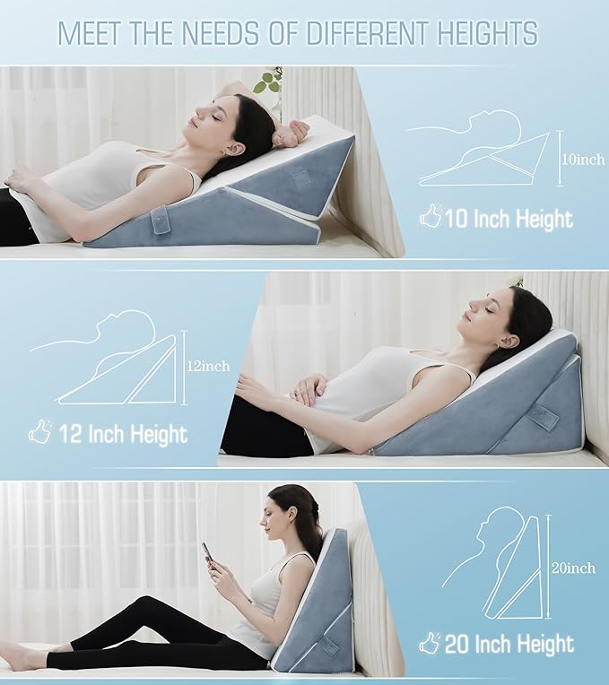 Bed Wedge Pillow for Sleeping, 9 & 12 Inch Adjustable Wedge Pillow for Back Pain Relief, 7-in-1 Cooling Memory Foam Triangle Pillow Wedge for After Surgery, Acid Reflux, Gerd, Snoring