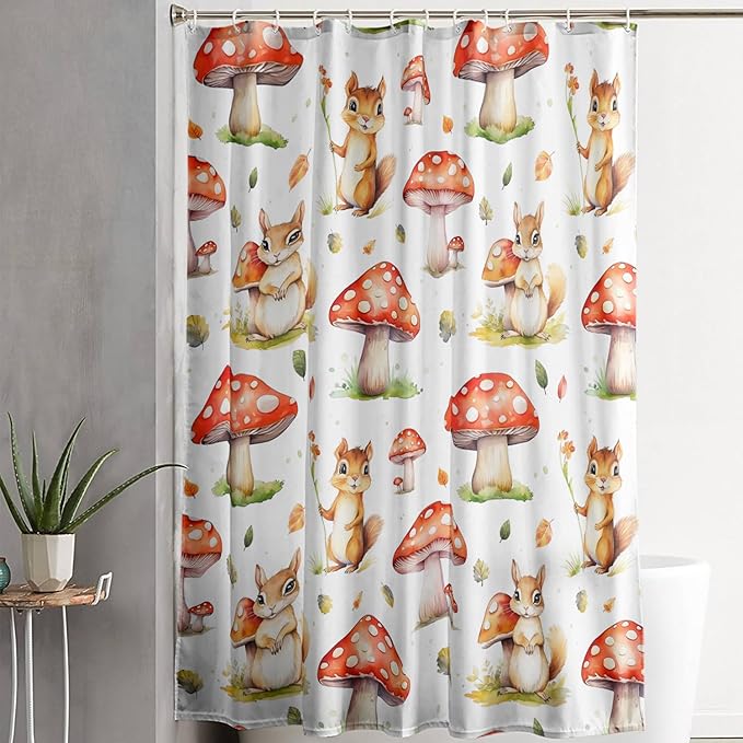 AILONEN Cartoon Mushroom Shower Curtain for Kids Girls Boys, Kawaii Squirrels with Red Mushroom Shower Curtains for Bathroom,Cute Animal Shower Curtain Set with Hooks,72" W*72" H