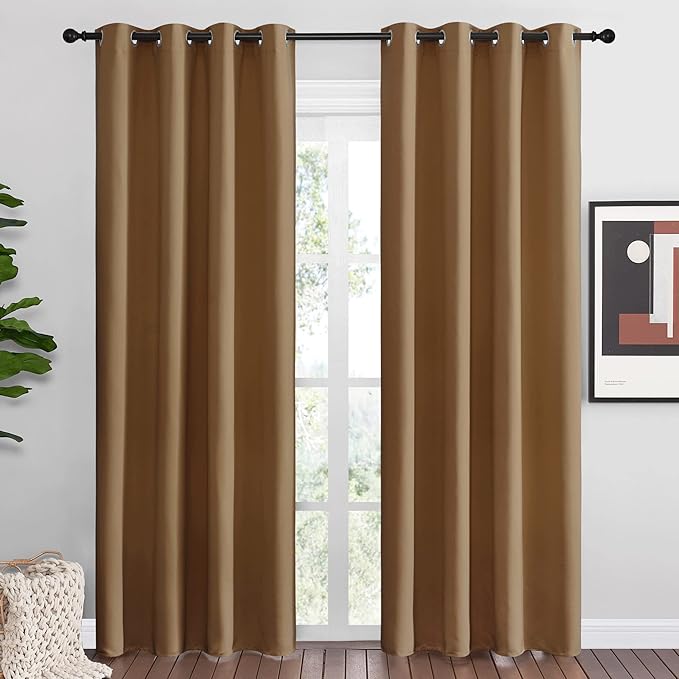 NICETOWN Sleek Blackout Curtains 86 inches Length for Small Windows, Noise Reducing and Block Draft Panels for Door Doorway Laundry Office Luxury Decor Theme (2 Panels, Gold Brown, W55 x L86 -Inch)