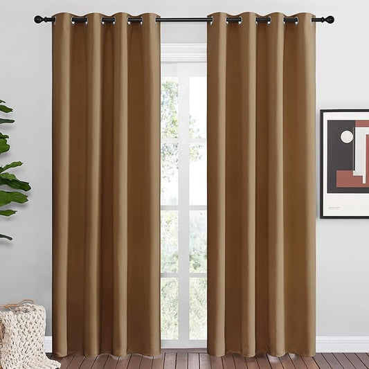 NICETOWN Sleek Blackout Curtains 86 inches Length for Small Windows, Noise Reducing and Block Draft Panels for Door Doorway Laundry Office Luxury Decor Theme (2 Panels, Gold Brown, W55 x L86 -Inch)