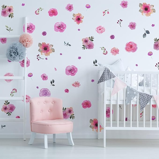 60 Pcs Flower Wall Decals, Watercolor Leaves Wall Stickers Flower Decor for Girls Bedroom Computer Lockers Living Room, 4 Sheets