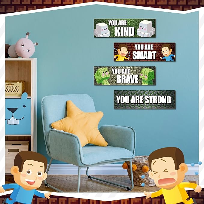 4 Pcs Game Bedroom Wall Decor Boys Room Decor for Kids Inspirational Wooden Hanging Wall Sign Motivational Quote Car Wall Decor for Boys Kids Nursery Playroom Kindergarten