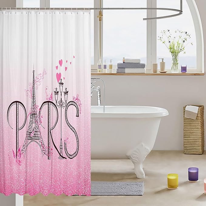 Feelyou Eiffel Tower Shower Curtain 72"x84" Kids Romantic Paris Bathroom Shower Curtain Set for Boys Girls Teens Ombre Pink Butterfly Bath Curtain Modern French Bathroom Accessories