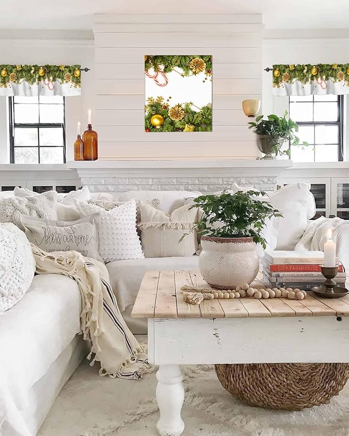 Christmas Kitchen Curtains Valances for Windows Pine Cones Rod Pocket Window Treatment for Kitchen/Living Room/Bedroom/Bathroom,60" X 18" -1 Panel, Golden Ornament Balls