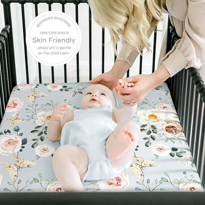 GRSSDER Stretchy Ultra Soft Jersey Knit Fitted Pack n Play Sheets Set 2 Pack, Portable/Mini Crib Sheets for Girls, Watercolor Flowers and Fruits