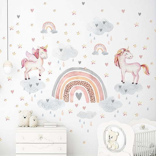 Large Rainbow Wall Decals by Lipastick - 138 pcs Rainbow Wall Stickers - Unicorn Wall Decals for Kids Bedroom Room Nursery – Kids Wall Stickers Cloud Stars Ponies - Waterproof Wall Art Décor M Size