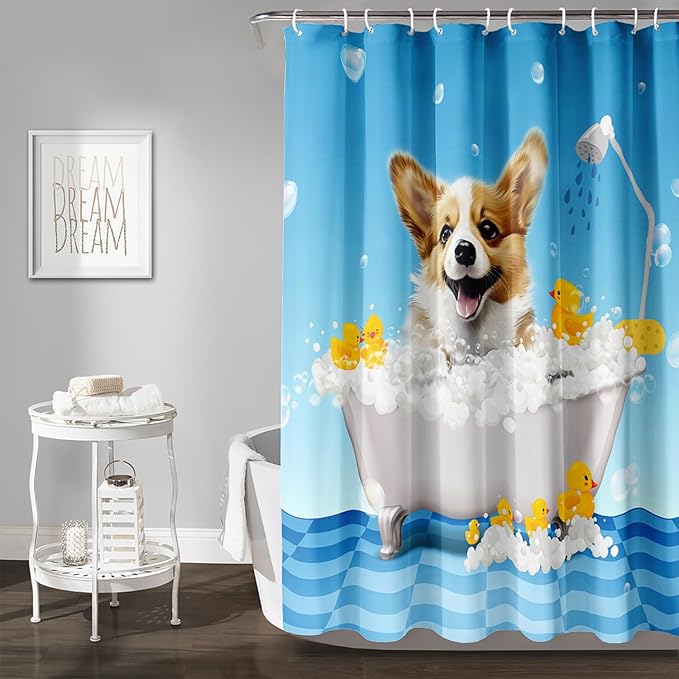 AILONEN 3D Bathtub Dog Shower Curtain for Kids 72" W*72" H Kawaii Shower Puppy and Bathtub Yellow Duck Shower Curtain,Polyester Waterproof Fabric Decor for Bathroom Bathtub Panels