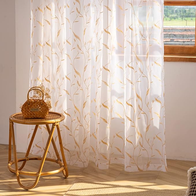 Windows Sheer Curtains Embroider Yellow Leaf 72 Inches Length 2 Panels Voile Light Filtering Sheer Curtains Panel Basic Rod Pocket for Bedroom Living Room Children Room