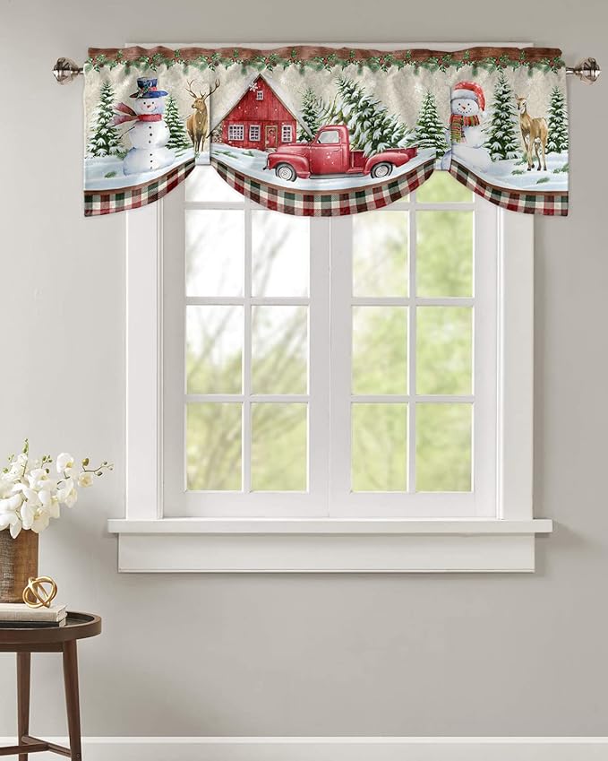 Christmas Farmhouse Blackout Tie Up Valance Curtains for Kitchen Windows Snowman Farm Red Truck Window Toppers Balloon Shades for Living Room/Bathroom/Bedroom,1 Panel,54" X 18" Winter Holiday