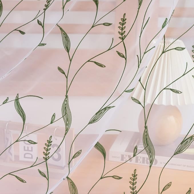 Windows Sheer Curtains Embroider Dark Green Leaf 95 Inches Length 2 Panels Voile Light Filtering Sheer Curtains Panel Basic Rod Pocket for Bedroom Living Room Children Room
