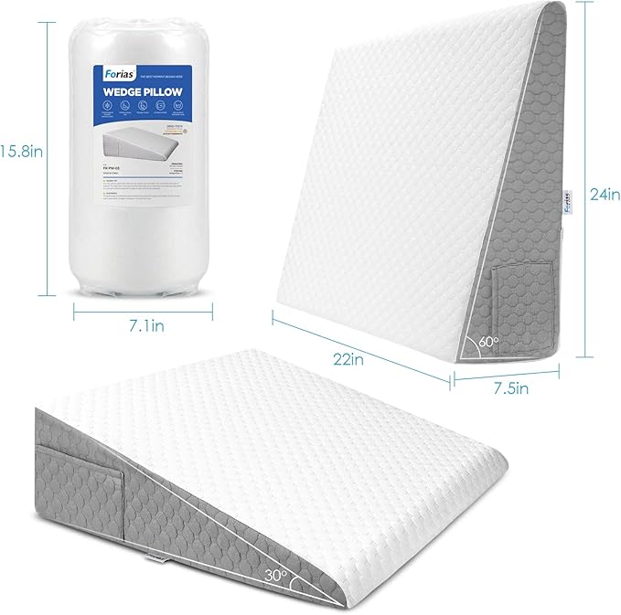 Forias 7.5" Wedge Pillow for Sleeping Bed Wedge Pillow for After Surgery Triangle Elevated Pillow Wedge for Acid Reflux Gerd Snoring Back Pain, Air Layer Removable Machine Wash Cover | Memory Foam Top