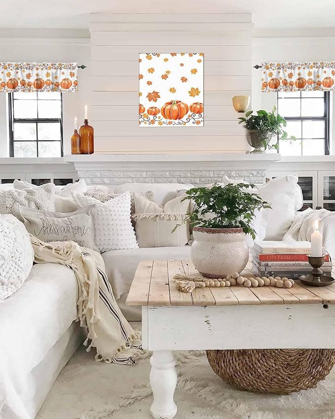Vandarllin Fall Maple Leaves Kitchen Curtains Valances for Windows Thanksgiving Watercolor Pumpkins Rod Pocket Window Treatment for Kitchen/Living Room/Bedroom/Bathroom,54" X 18" -1 Panel, Orange