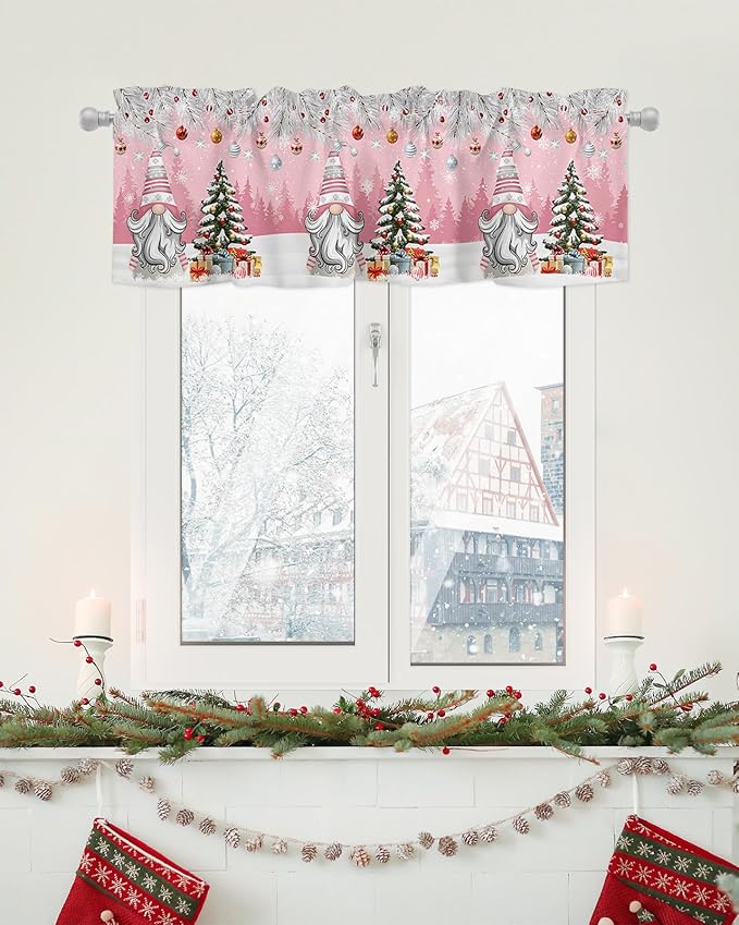 Christmas Gnome Valance Curtains for Kitchen Windows Winter Merry Christmas Tree Balls Rod Pocket Window Treatment Toppers for Kitchen/Living Room/Bedroom/Bathroom, 60" X 18", Pink